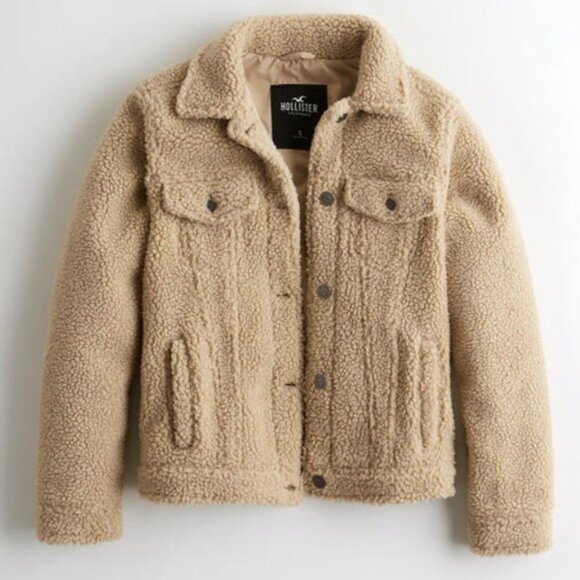 Hollister Womens M Sherpa Teddy Trucker Chunky Cozy Button Down Jacket Coat - Picture 1 of 8